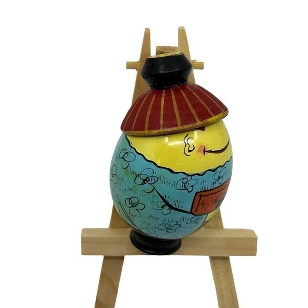 Wooden Figurine Turned Hand Painted Asian Conical Hat‎ Kimono Egg Shaped 3